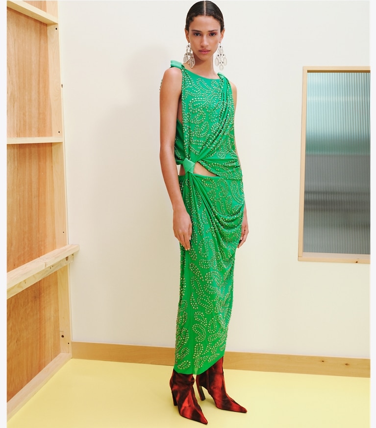 Tory Burch designer dresses Embellished Viscose Knot Dress in Spring Jade front
