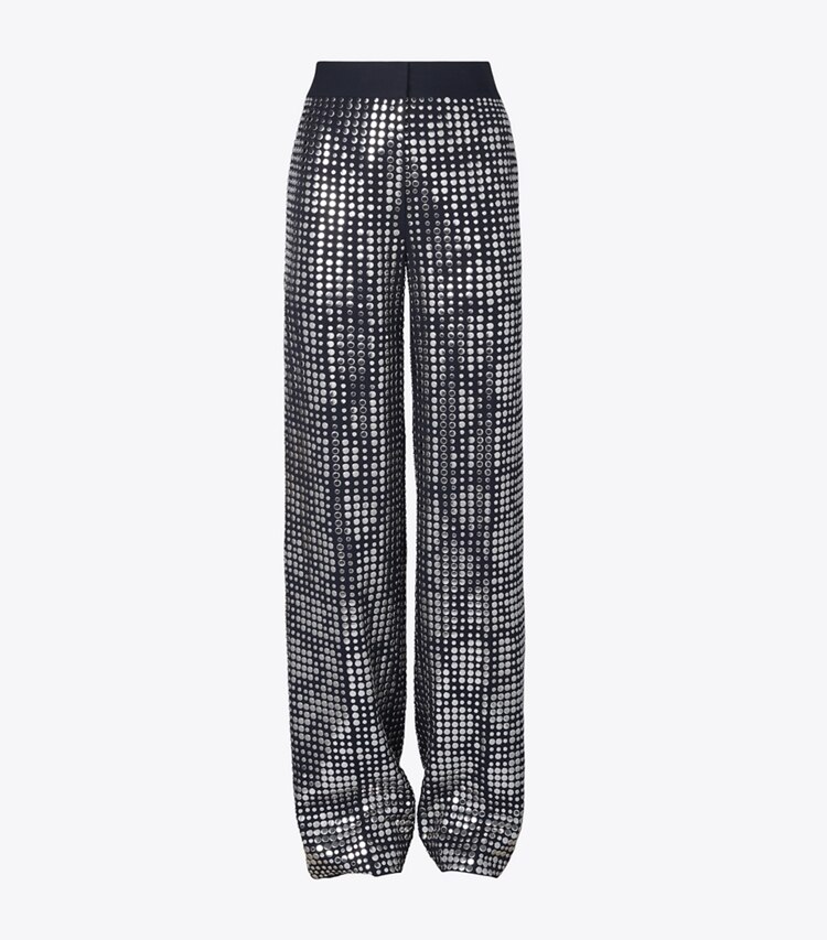 Tory Burch designer bottoms Embellished Viscose Pant in Dark Navy Sky front