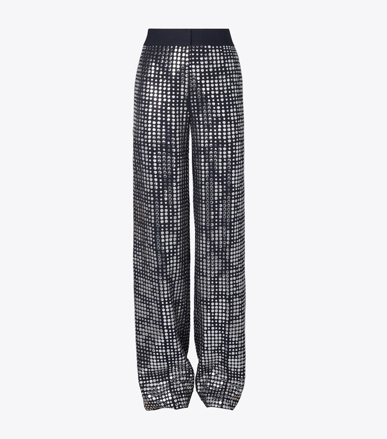 Tory Burch designer bottoms Embellished Viscose Pant in Dark Navy Sky front