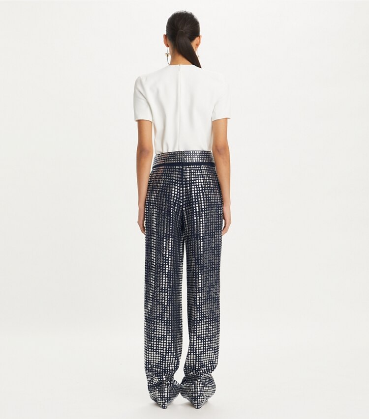 Tory Burch designer bottoms Embellished Viscose Pant in Dark Navy Sky on model back