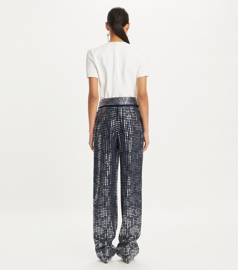 Tory Burch designer bottoms Embellished Viscose Pant in Dark Navy Sky front