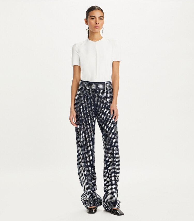 Tory Burch designer bottoms Embellished Viscose Pant in Dark Navy Sky on model front