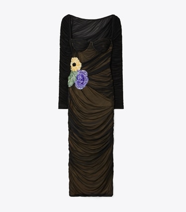 Tory Burch designer dresses Embellished Viscose Ruched Dress in Black front
