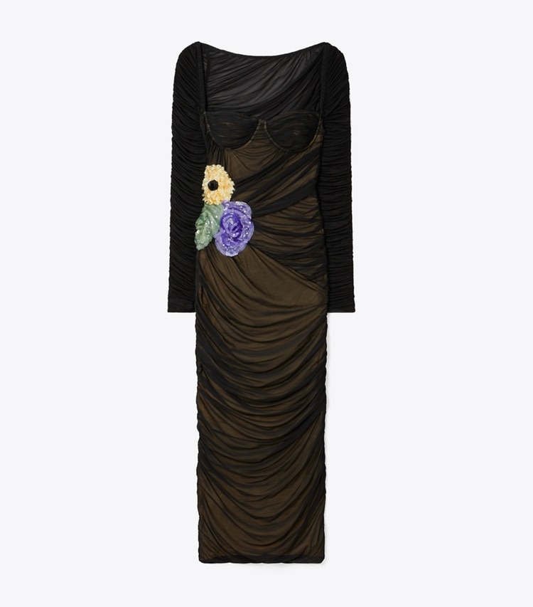 Tory Burch designer dresses Embellished Viscose Ruched Dress in Black front