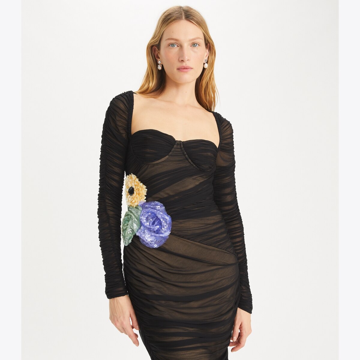 Embellished Viscose Ruched Dress: Women's Designer Dresses