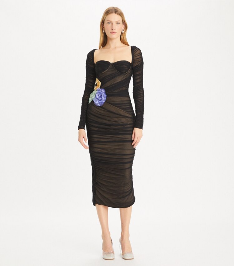 Tory Burch designer dresses Embellished Viscose Ruched Dress in Black on model front