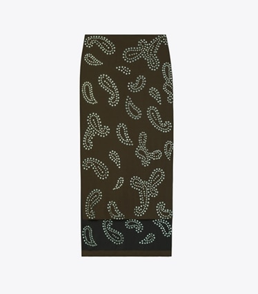 Tory Burch designer bottoms Embellished Viscose Skirt in Chocolate Bean front