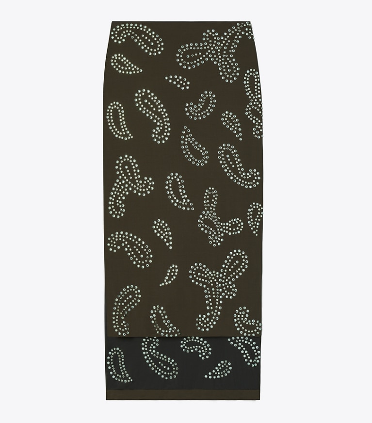 Tory Burch designer bottoms Embellished Viscose Skirt in Chocolate Bean front