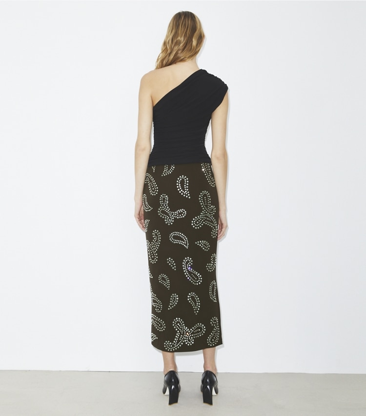 Tory Burch designer bottoms Embellished Viscose Skirt in Chocolate Bean on model back