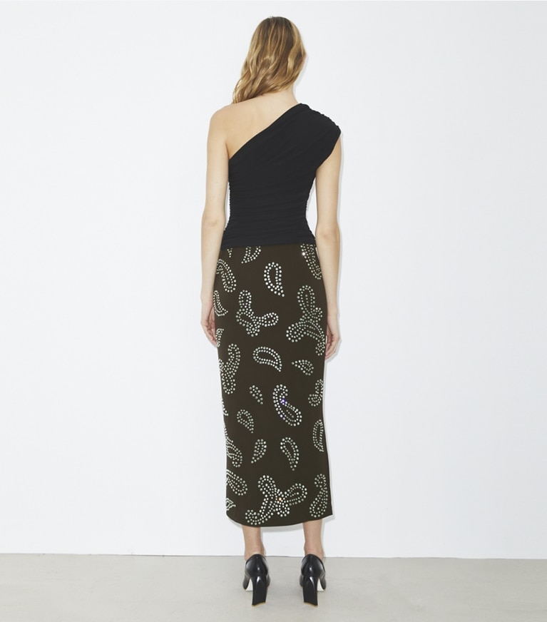 Tory Burch designer bottoms Embellished Viscose Skirt in Chocolate Bean front