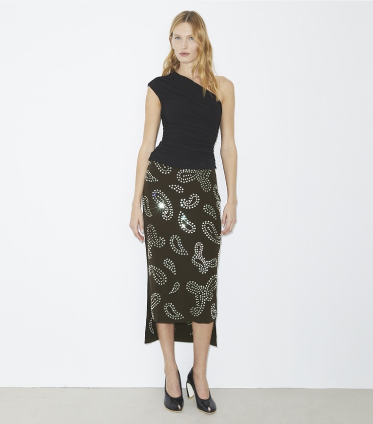 Tory Burch designer bottoms Embellished Viscose Skirt in Chocolate Bean on model front