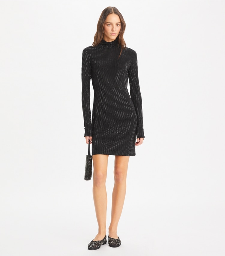 Tory Burch designer dresses Embellished Viscose Turtleneck Dress in Black on model front