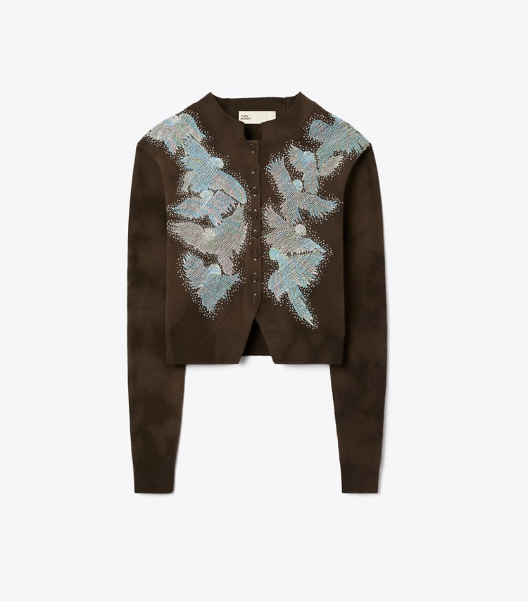 Tory Burch designer sweaters Embellished Wool Cardigan in Coconut front