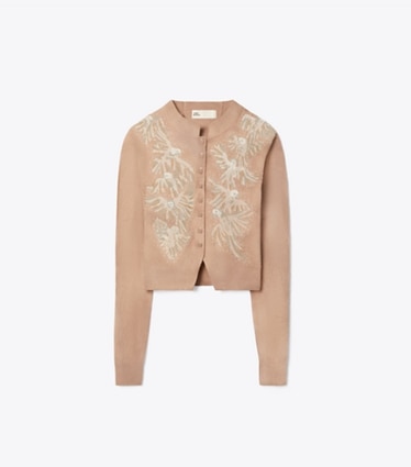 Tory Burch designer sweaters Embellished Wool Cardigan in Taupe front