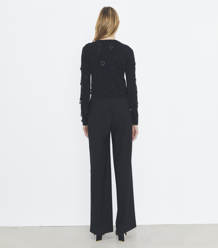 Tory Burch designer sweaters Embellished Wool Cardigan in Black on model back