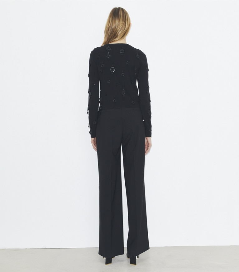 Tory Burch designer sweaters Embellished Wool Cardigan in Black front