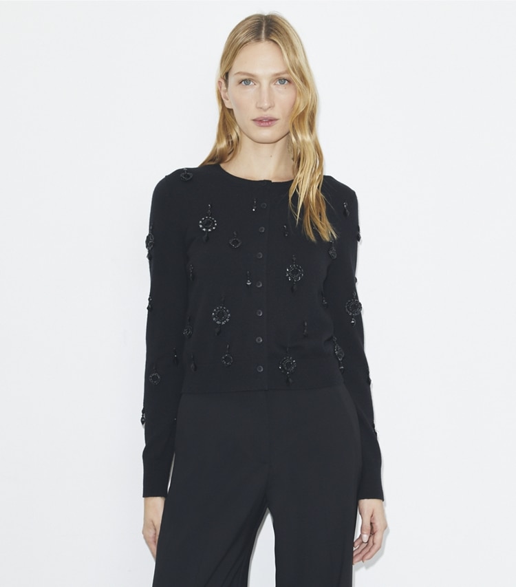 Tory Burch designer sweaters Embellished Wool Cardigan in Black on model detail