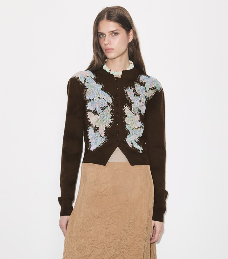 Tory Burch designer sweaters Embellished Wool Cardigan in Coconut on model detail