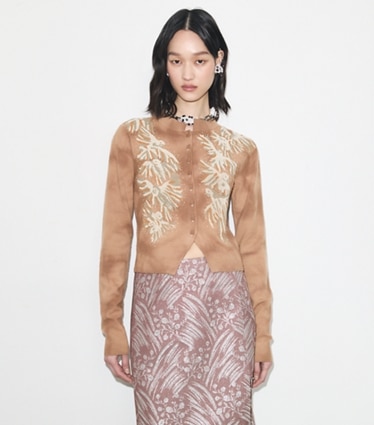 Tory Burch designer sweaters Embellished Wool Cardigan in Taupe on model detail