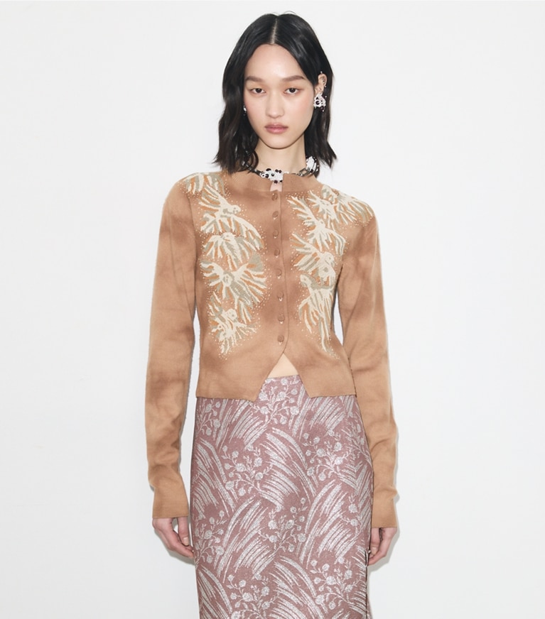 Tory Burch designer sweaters Embellished Wool Cardigan in Taupe on model detail
