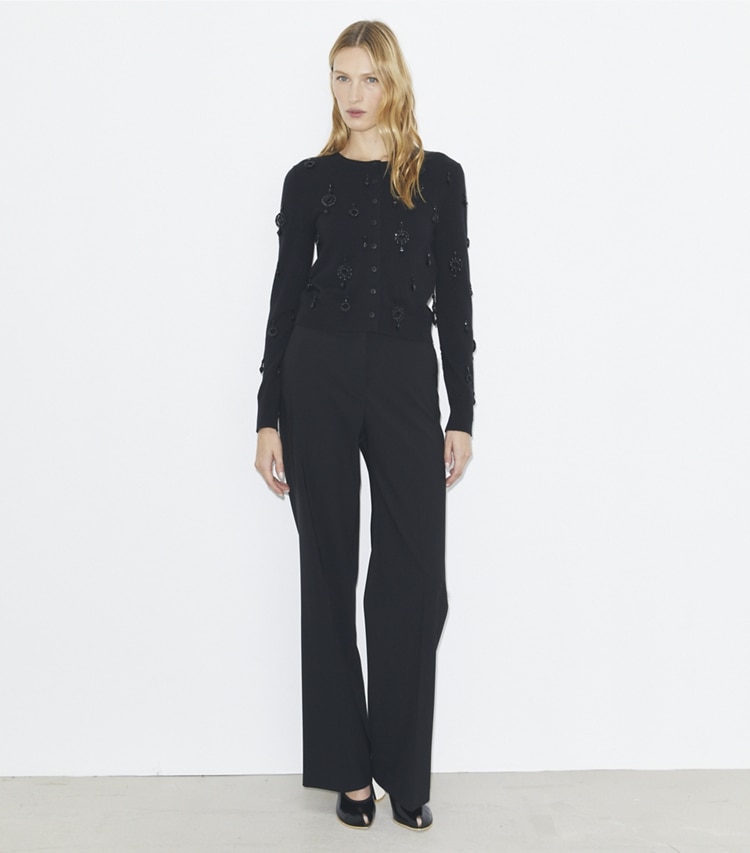 Tory Burch designer sweaters Embellished Wool Cardigan in Black on model front