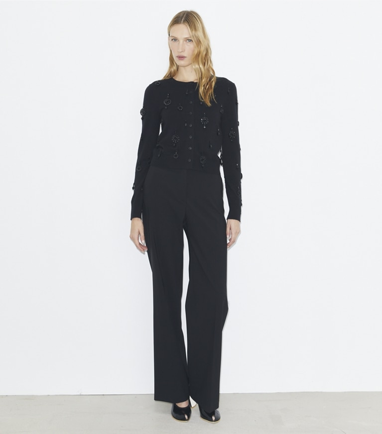 Tory Burch designer sweaters Embellished Wool Cardigan in Black front