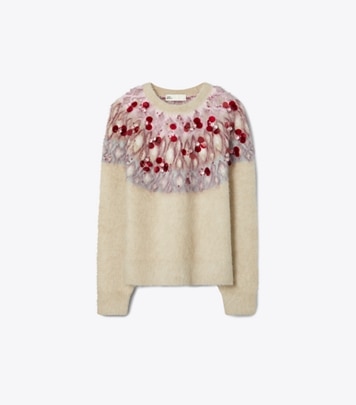 Tory Burch designer sweaters Embellished Wool Sweater in Beige Stone / Mulberry Wine front