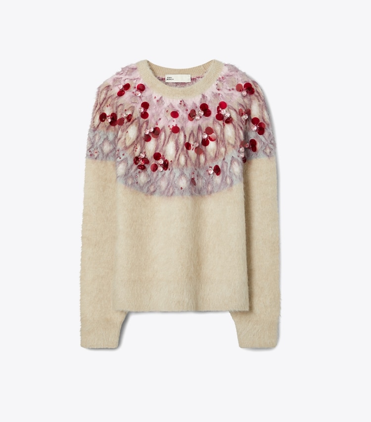 Tory Burch designer sweaters Embellished Wool Sweater in Beige Stone / Mulberry Wine front