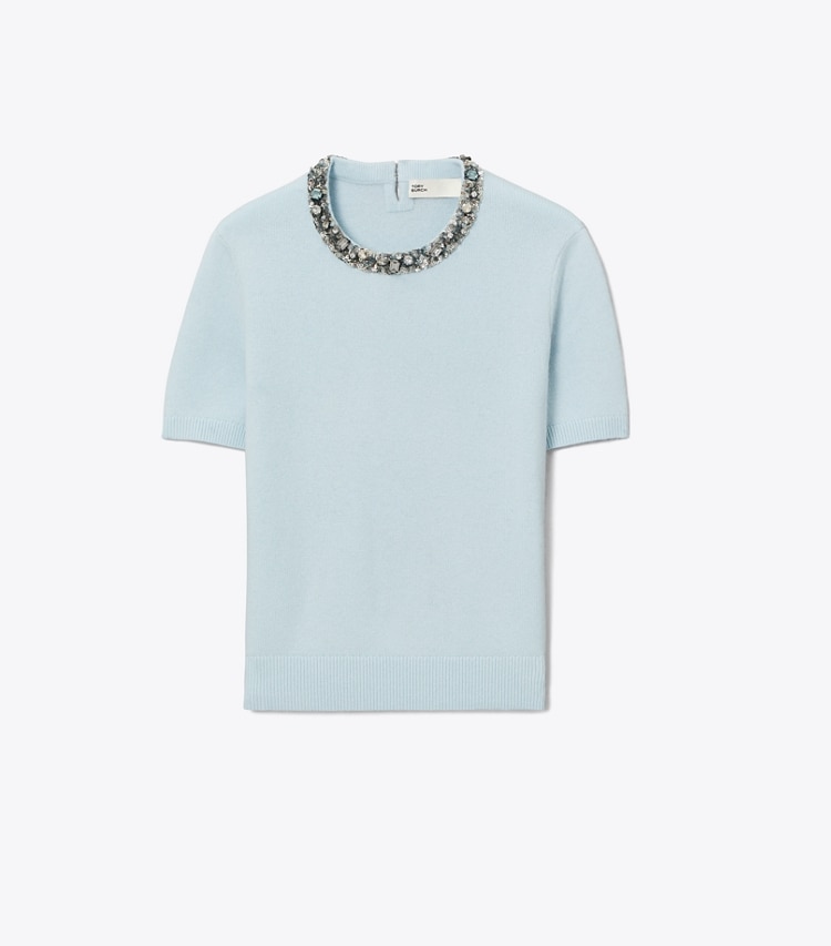 Tory Burch designer sweaters Embellished Wool Sweater in Frozen Sky front