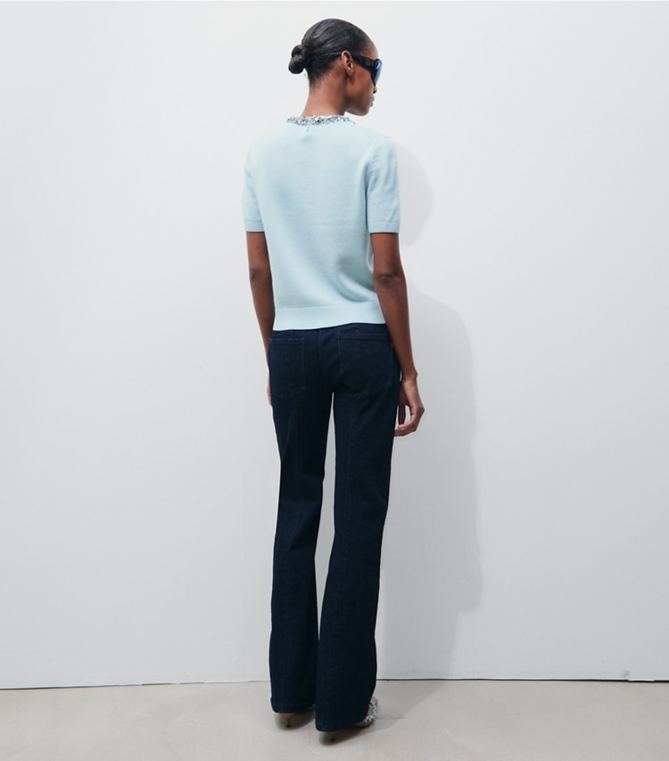 Tory Burch designer sweaters Embellished Wool Sweater in Frozen Sky on model back