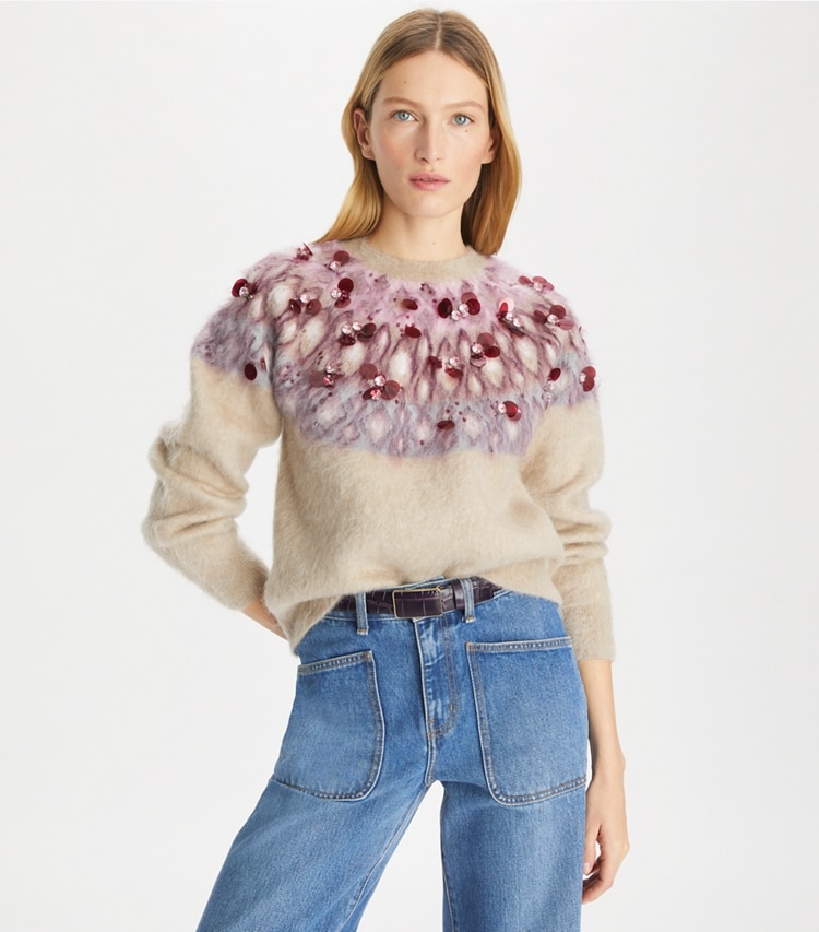 Tory Burch designer sweaters Embellished Wool Sweater in Beige Stone / Mulberry Wine on model detail