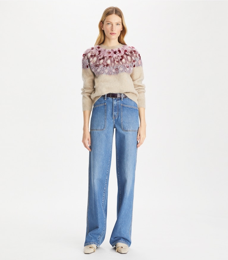 Tory Burch designer sweaters Embellished Wool Sweater in Beige Stone / Mulberry Wine front