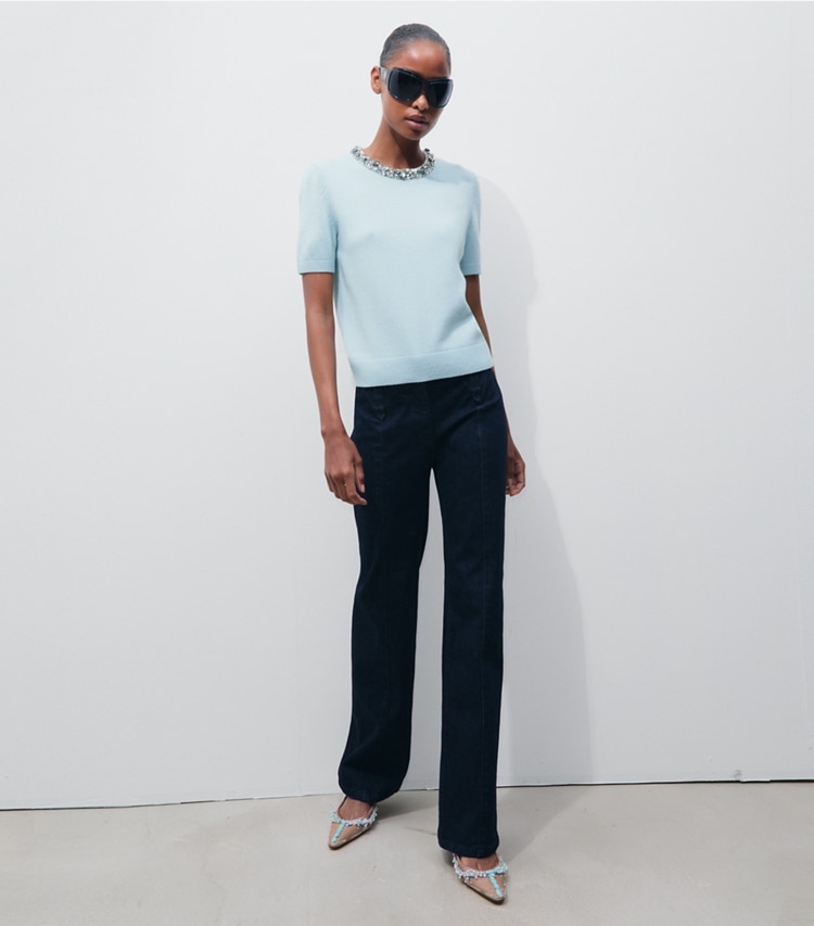 Tory Burch designer sweaters Embellished Wool Sweater in Frozen Sky on model front
