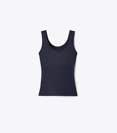 Tory Burch designer tops Embossed Logo Tennis Tank in Medium Navy front