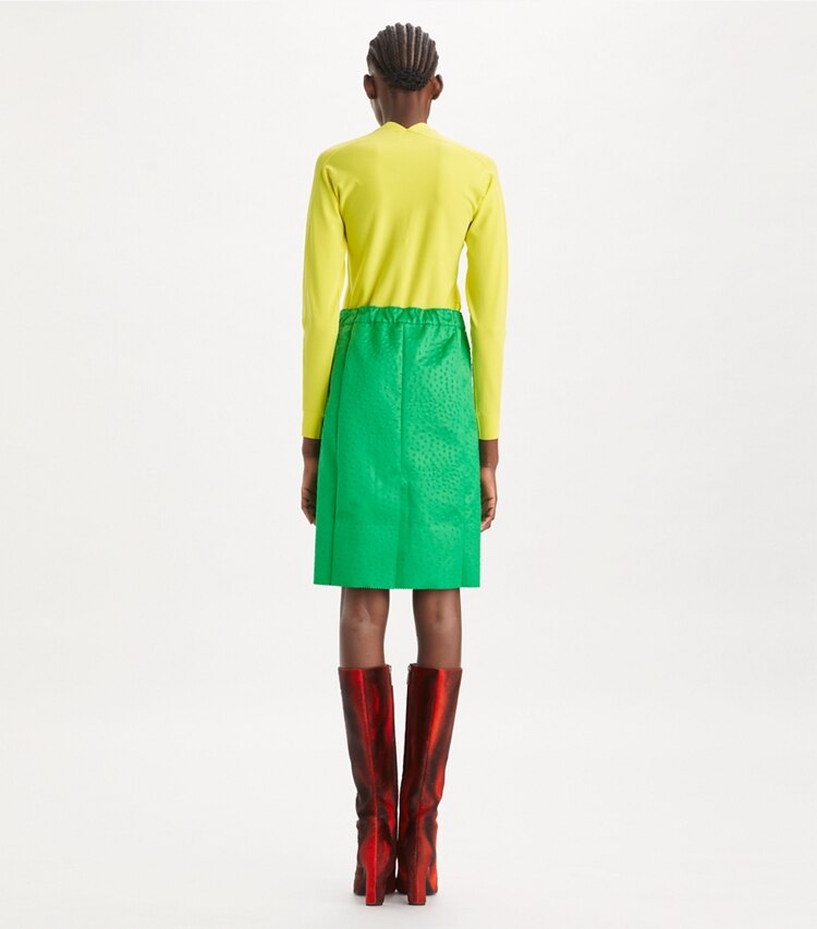 Tory Burch designer bottoms Embossed Satin Skirt in Spring Jade on model back