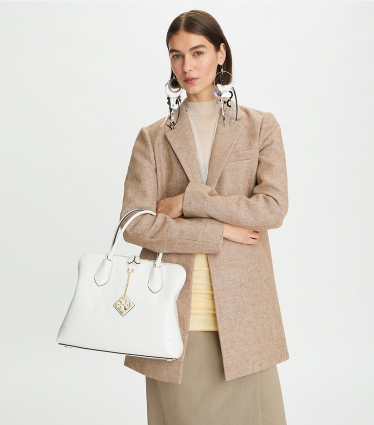 Tory Burch designer satchels Embossed Swing Satchel in Optic White angle