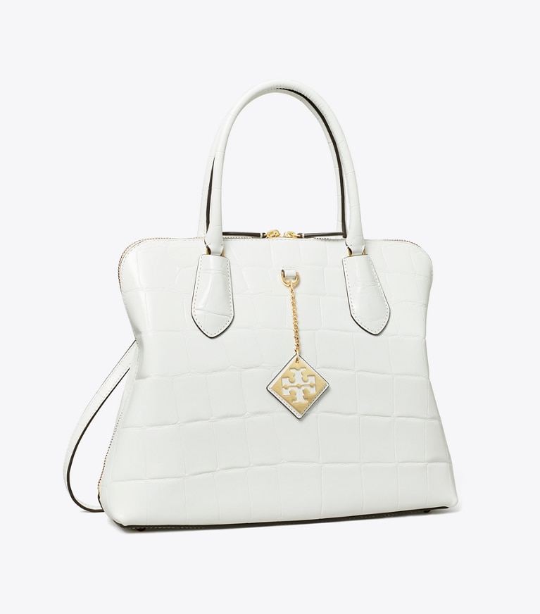 Tory Burch designer satchels Embossed Swing Satchel in Optic White angle