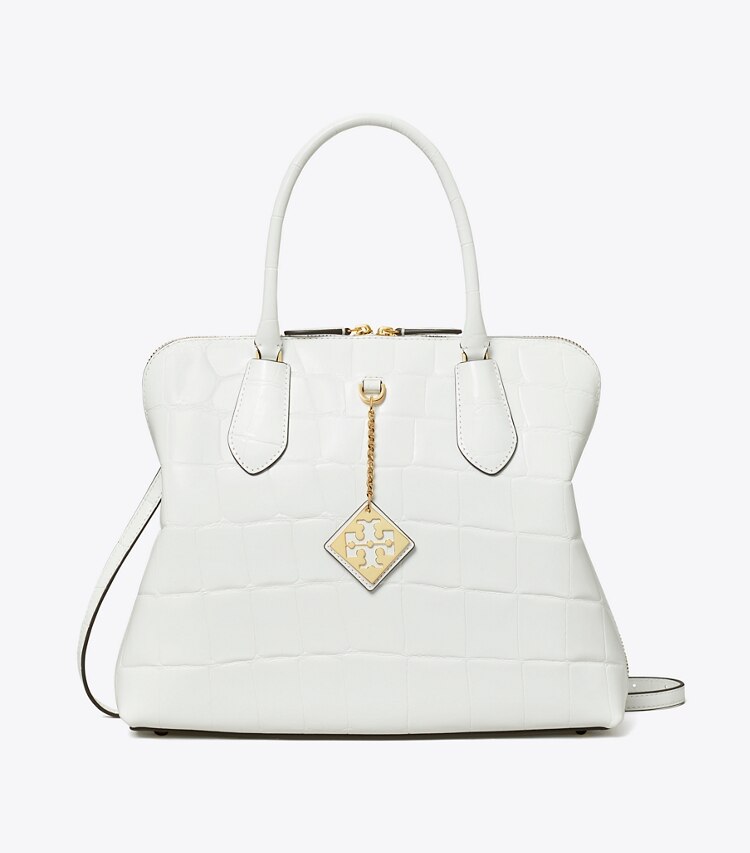 Tory Burch designer satchels Embossed Swing Satchel in Optic White front