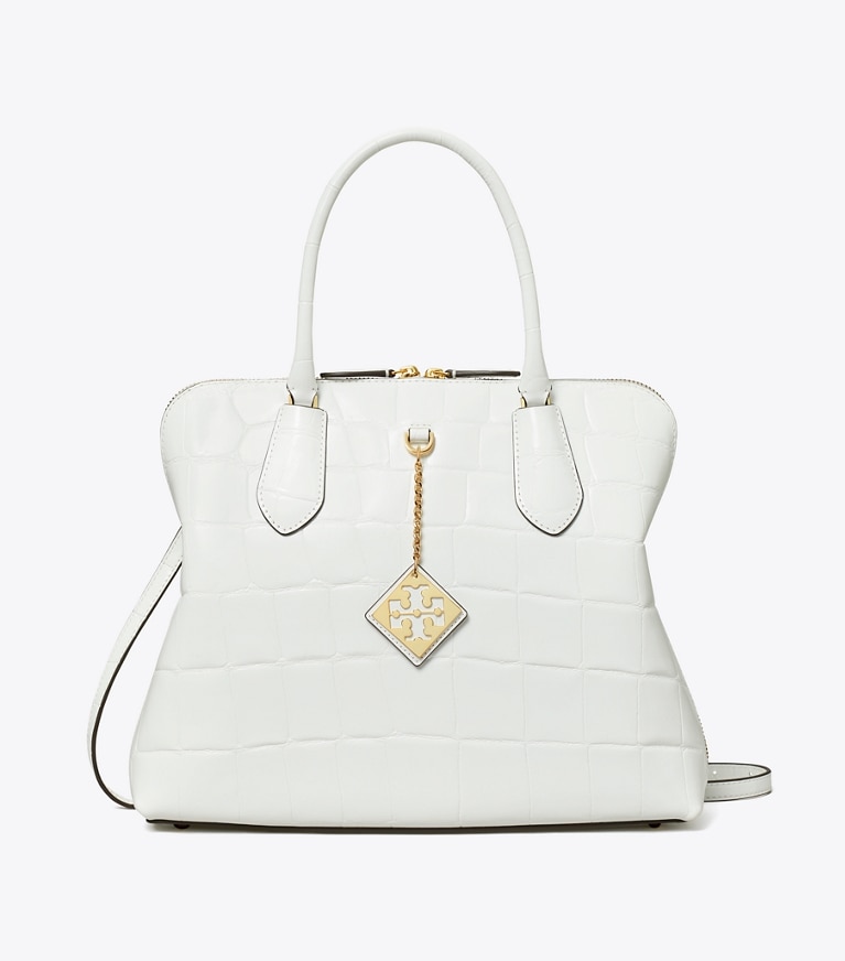 Tory Burch designer satchels Embossed Swing Satchel in Optic White angle