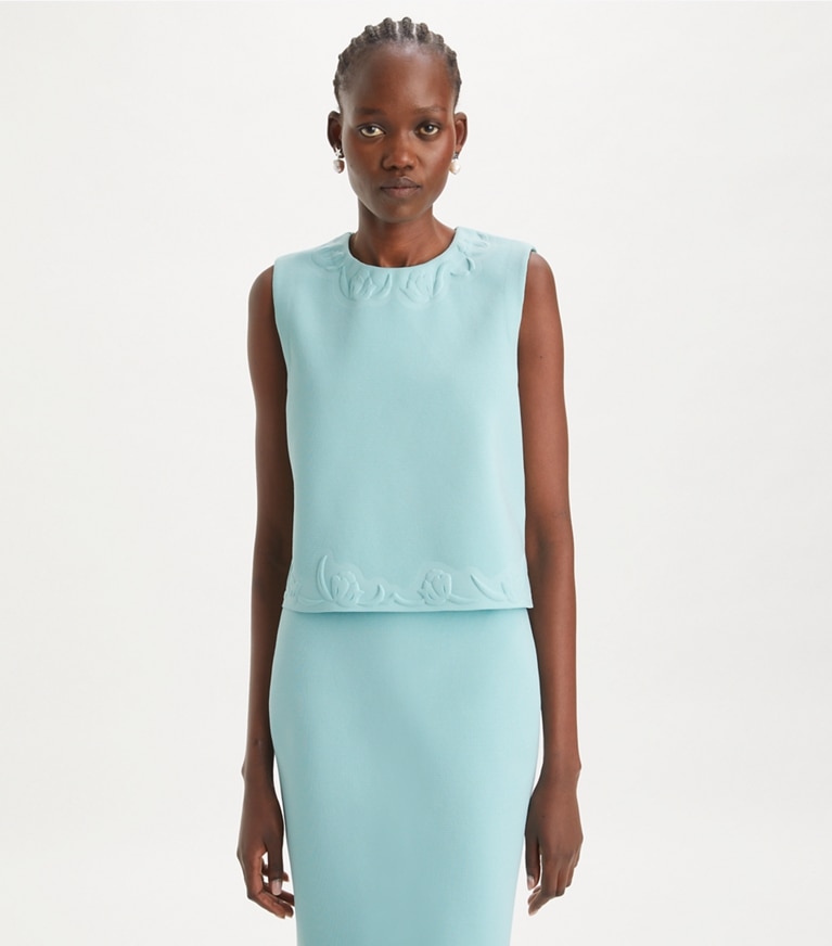 Tory Burch designer tops Embossed Viscose Shell Top in Atoll Blue front