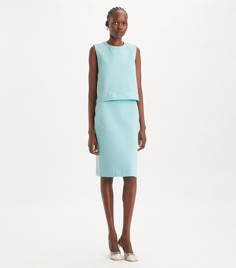 Tory Burch designer tops Embossed Viscose Shell Top in Atoll Blue on model front