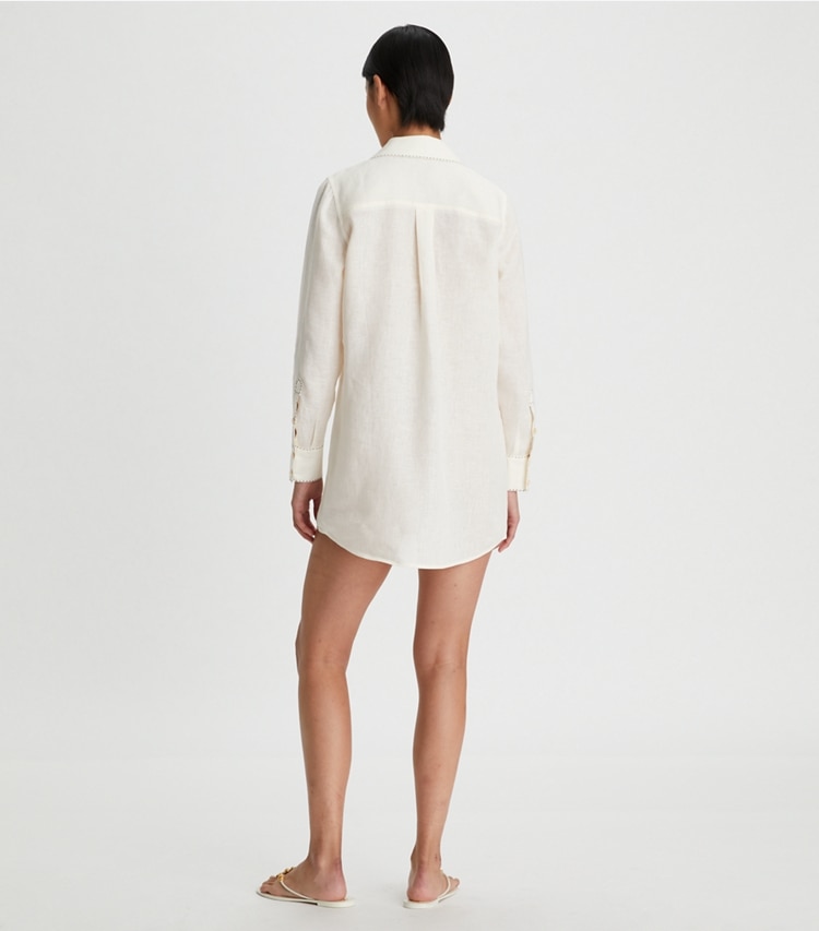 Tory Burch designer coverups Embroidered Beach Shirt in New Ivory on model back
