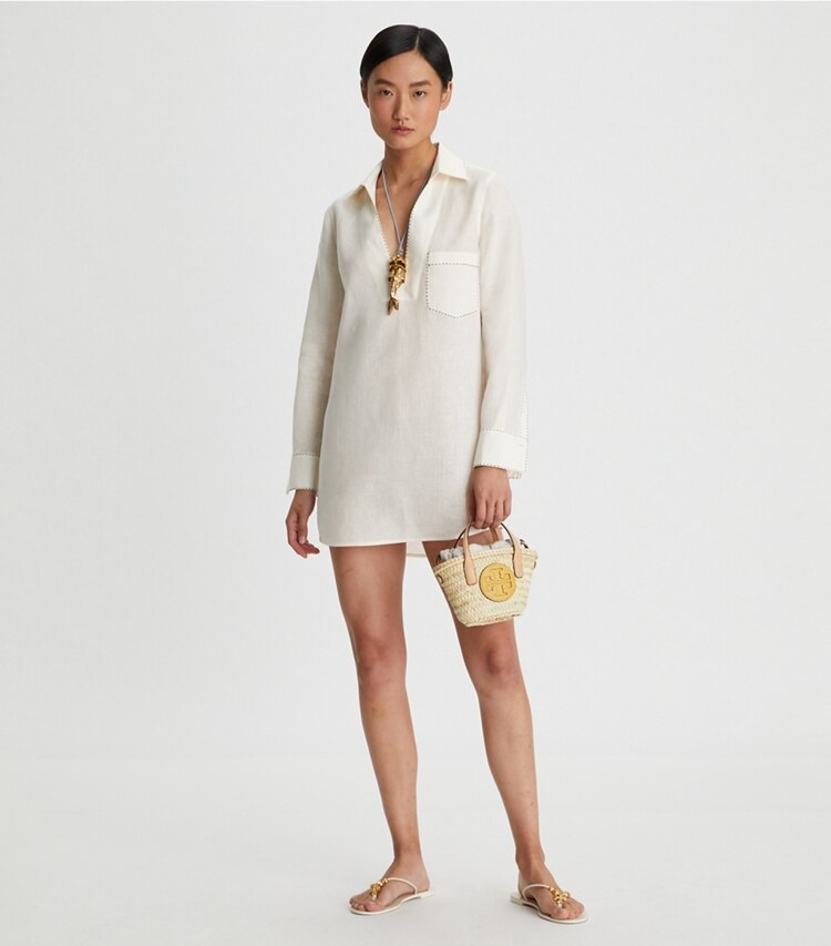 Tory Burch designer coverups Embroidered Beach Shirt in New Ivory on model front