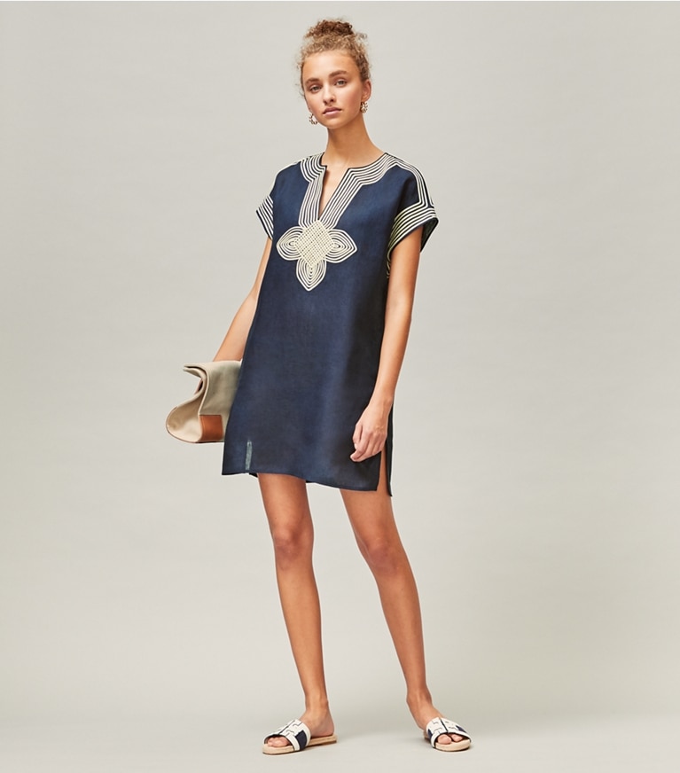 Tory Burch designer coverups Embroidered Beach Tunic in Tory Navy front