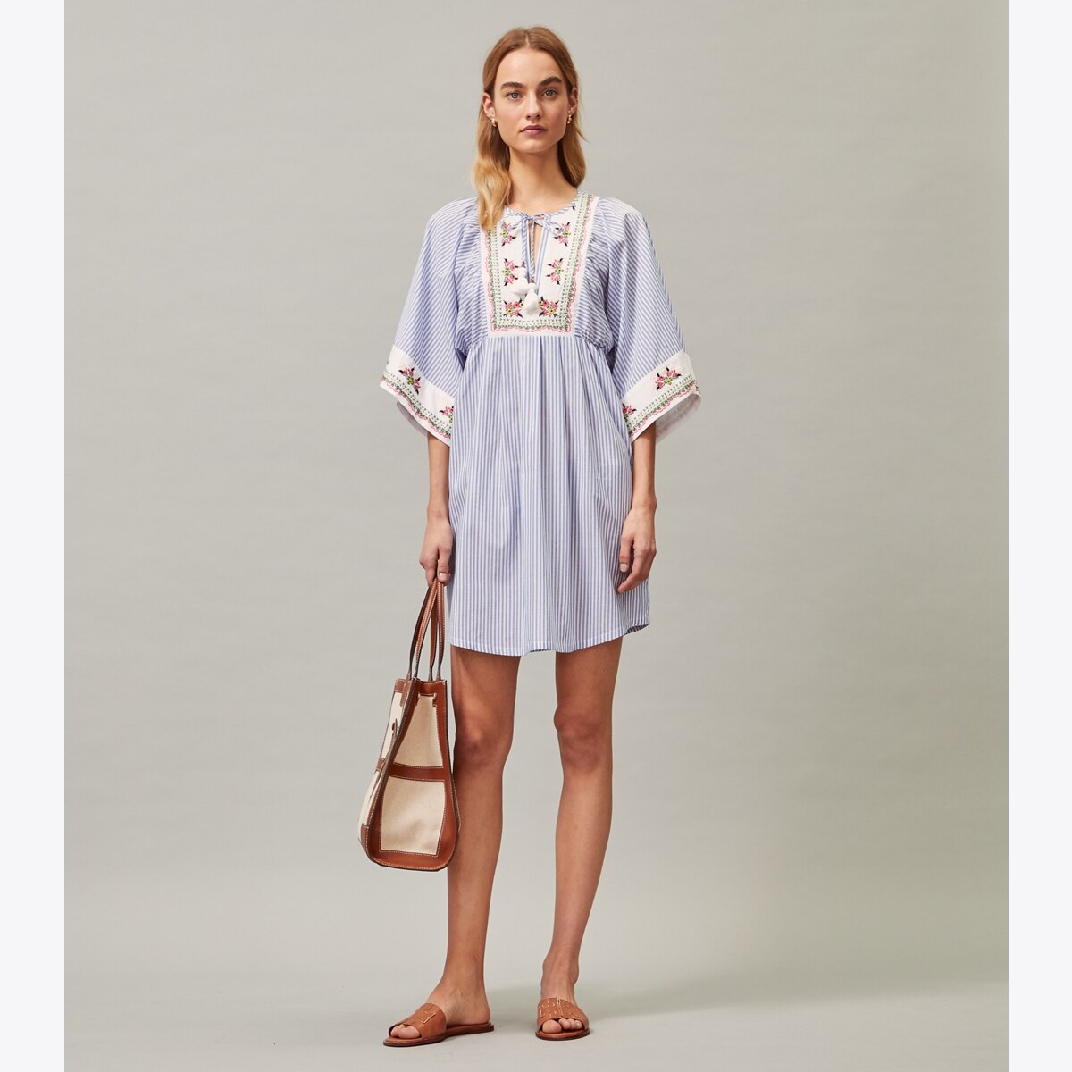 Tory shops Burch Ivory/Black striped Filipa Embroidered Tunic