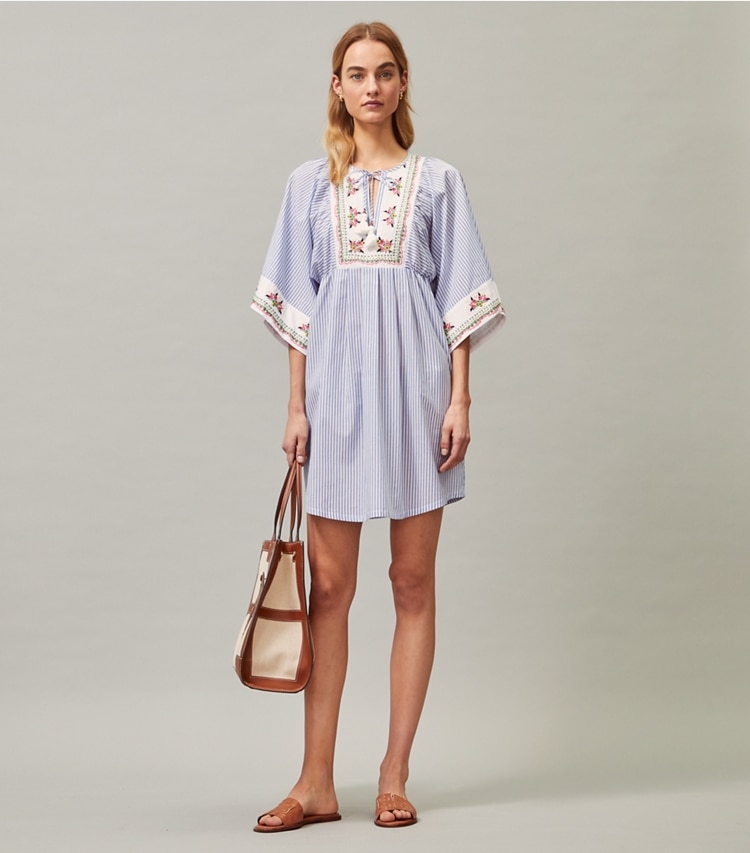 Tory Burch designer coverups Embroidered Beach Tunic in Classic Stripe on model front