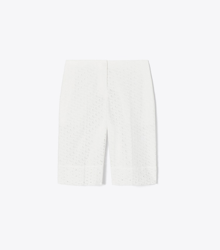 Tory Burch designer bottoms Embroidered Broderie Anglaise Bermuda Shorts in White front