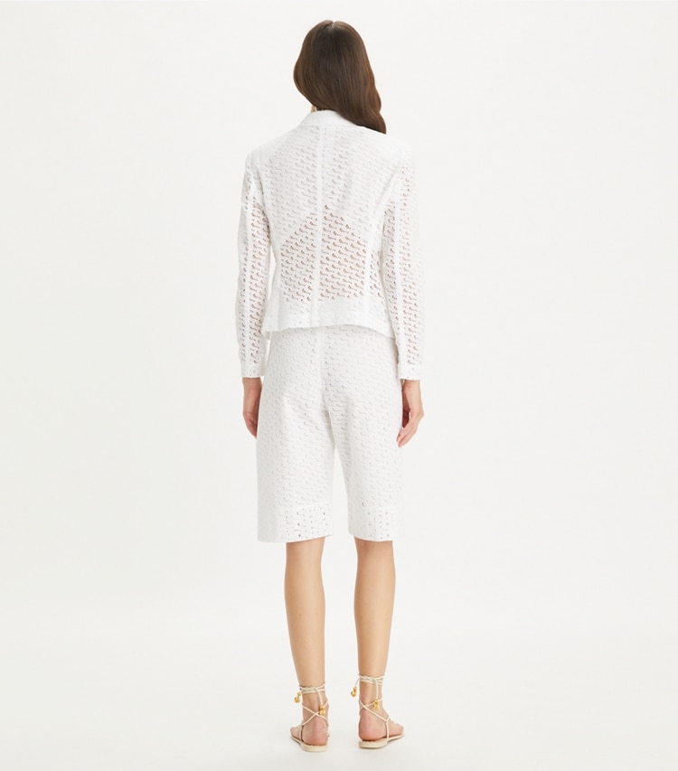 Tory Burch designer bottoms Embroidered Broderie Anglaise Bermuda Shorts in White on model back