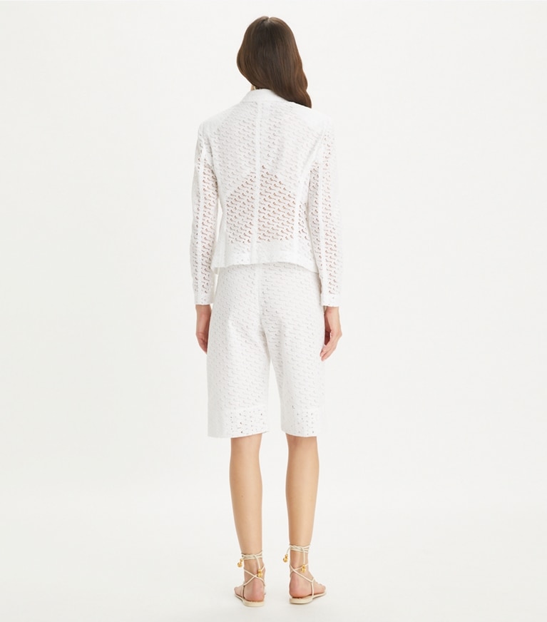Tory Burch designer bottoms Embroidered Broderie Anglaise Bermuda Shorts in White front