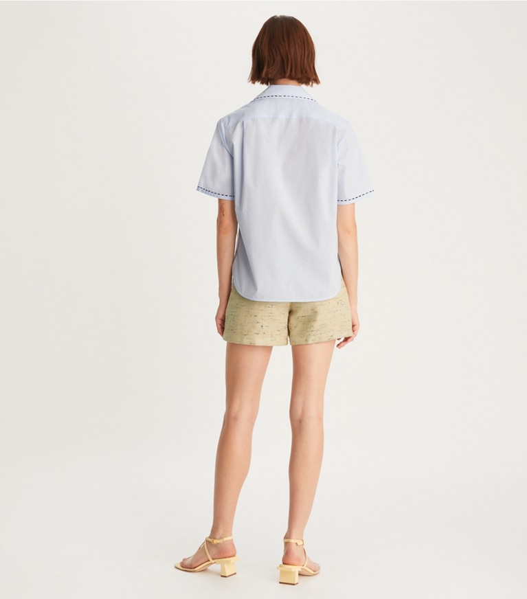 Tory Burch designer tops Embroidered Camp Shirt in Crisp Blue front